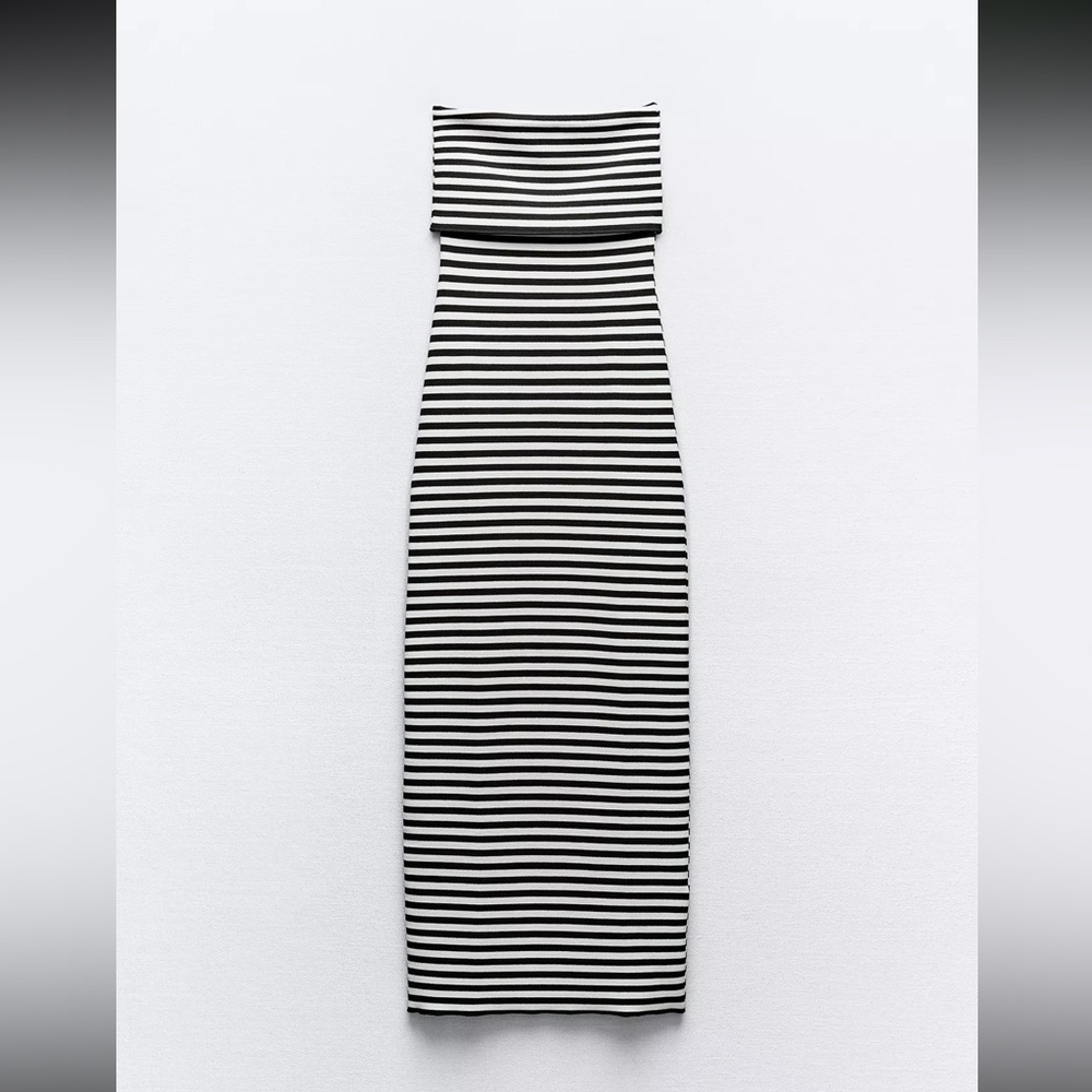 Zara Stretch Black and White Striped Strapless Dress Size Large - Picture 2 of 7